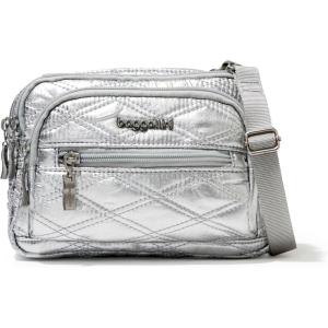 imageBaggallini Triple Zip Small Crossbody Bag for Women  8x6 inch Convertible Fanny Pack Belt Bag  Lightweight WaterresistantSilver Metallic Quilt