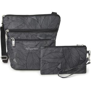 imageBaggallini Pocket Crossbody Bags for Women 8x8 Small Lightweight Durable Nylon Waterresistant Travel Purse WRfid WristletPewter Leaves