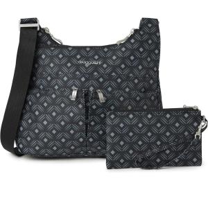 imageBaggallini Cross Over Crossbody Women 11x85 Medium Travel Bag Lightweight WaterResistant Nylon Organized Handbag PurseBlack Diamond Print