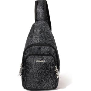 imageBaggallini AntiTheft Daytripper Sling 7x12 Crossbody Travel Safe Bag WSecurtex Locking Zippers SlashResistant RFIDMidnight Blossom Print