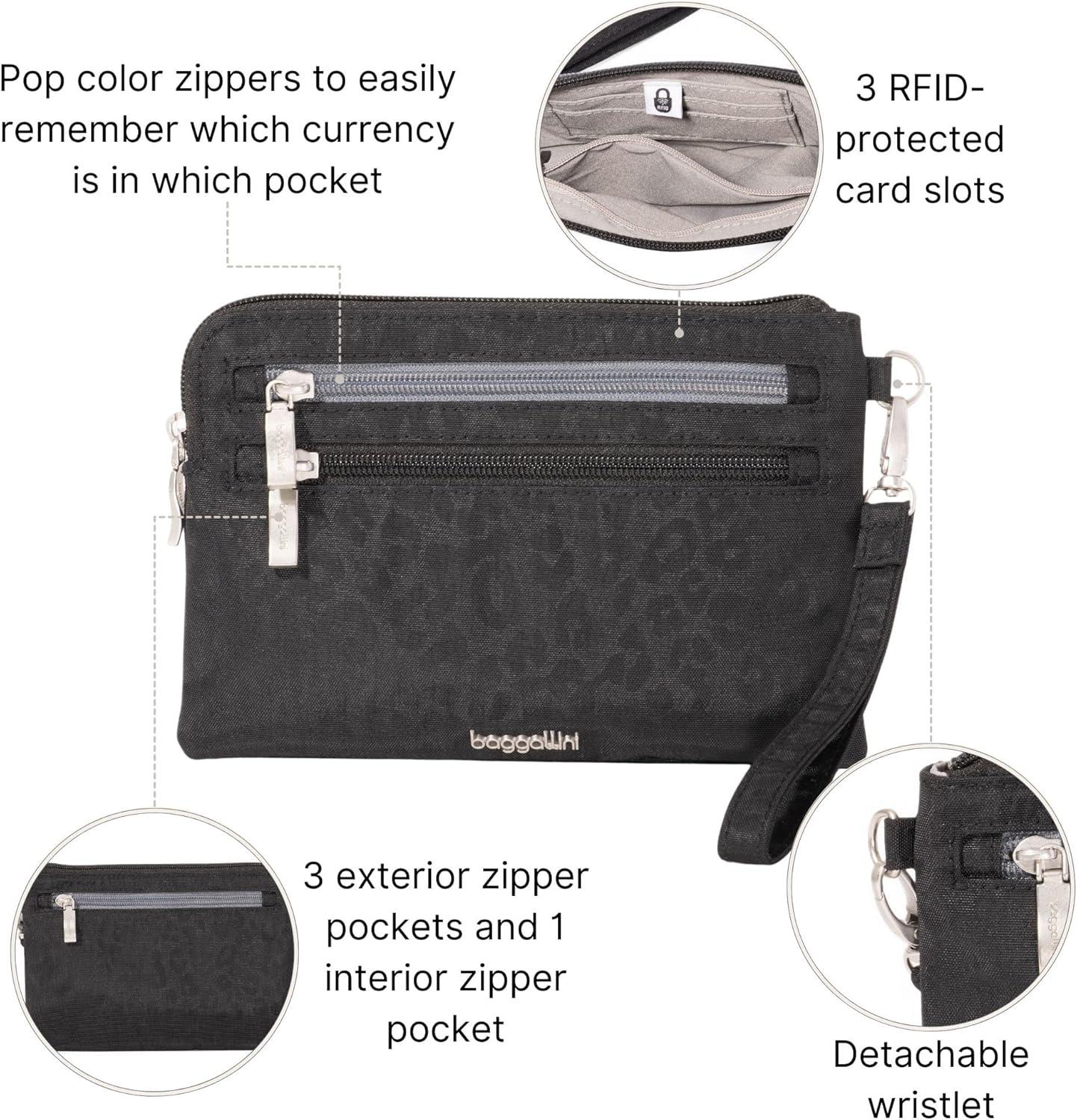 imageBaggallini Currency Organizer WristletLightweight 8quotx55quot RFID Protected Womens Wallet Card HolderBlack Cheetah Emboss