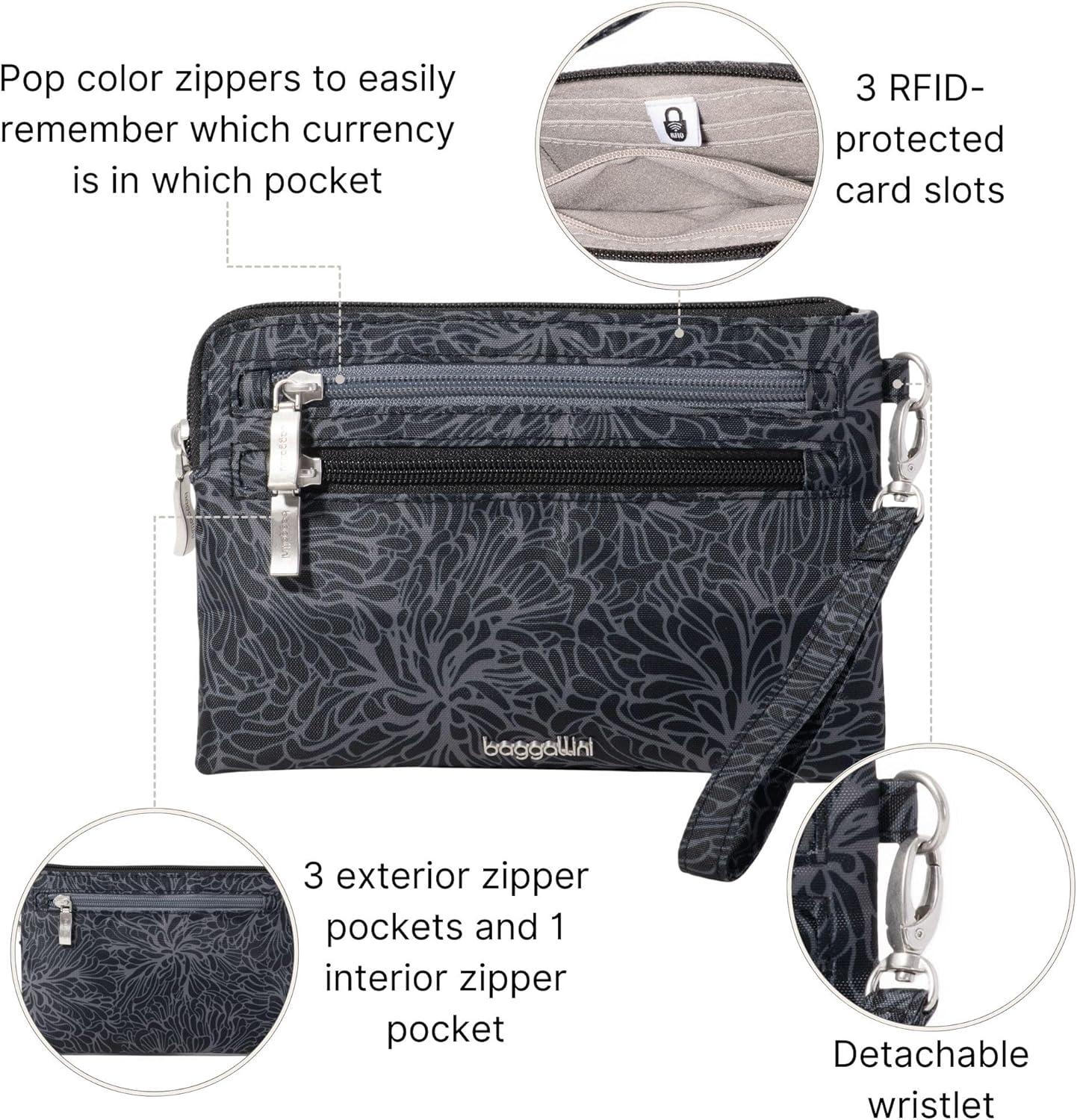 imageBaggallini Currency Organizer WristletLightweight 8quotx55quot RFID Protected Womens Wallet Card HolderMidnight Blossom Print