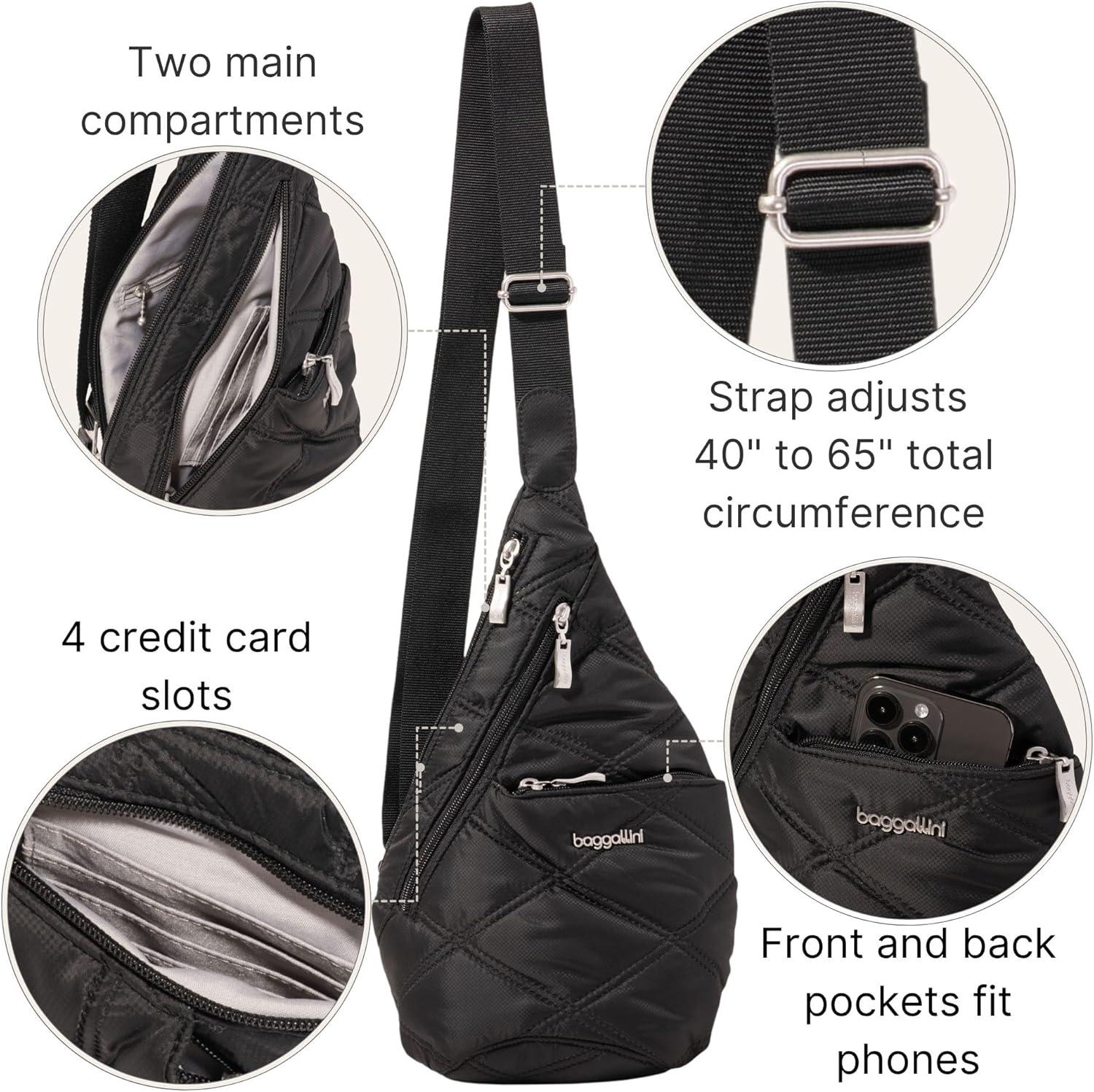 imageBaggallini Mini Sling  12x7 Sling Crossbody Bag Backpack with Adjustable Shoulder StrapBlack Quilt