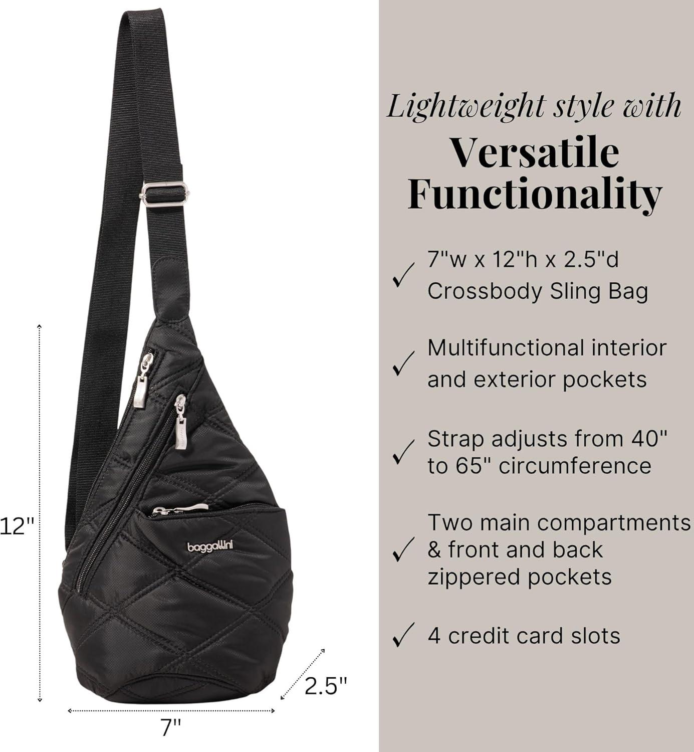 imageBaggallini Mini Sling  12x7 Sling Crossbody Bag Backpack with Adjustable Shoulder StrapBlack Quilt