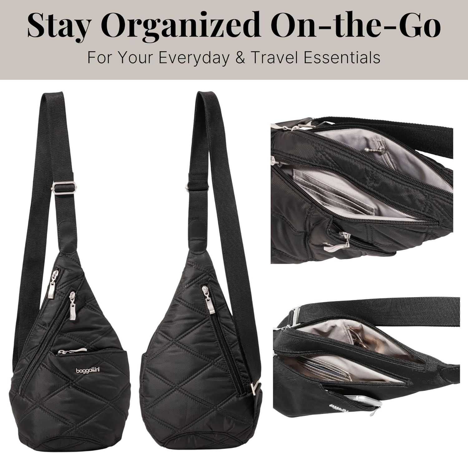 imageBaggallini Mini Sling  12x7 Sling Crossbody Bag Backpack with Adjustable Shoulder StrapBlack Quilt