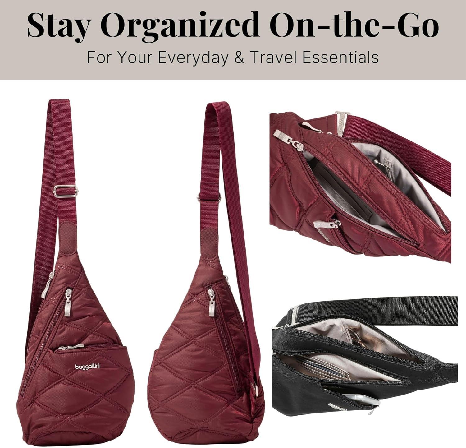 imageBaggallini Mini Sling  12x7 Sling Crossbody Bag Backpack with Adjustable Shoulder StrapDark Cherry Quilt