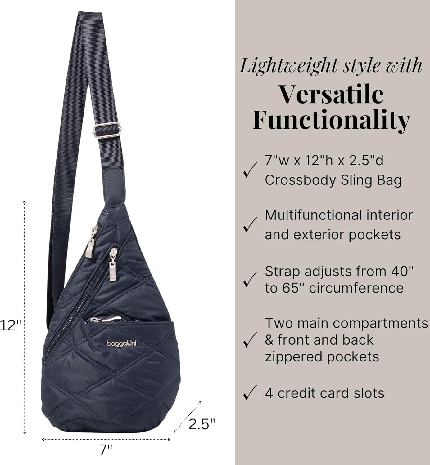 imageBaggallini Mini Sling  12x7 Sling Crossbody Bag Backpack with Adjustable Shoulder StrapFrench Navy Quilt