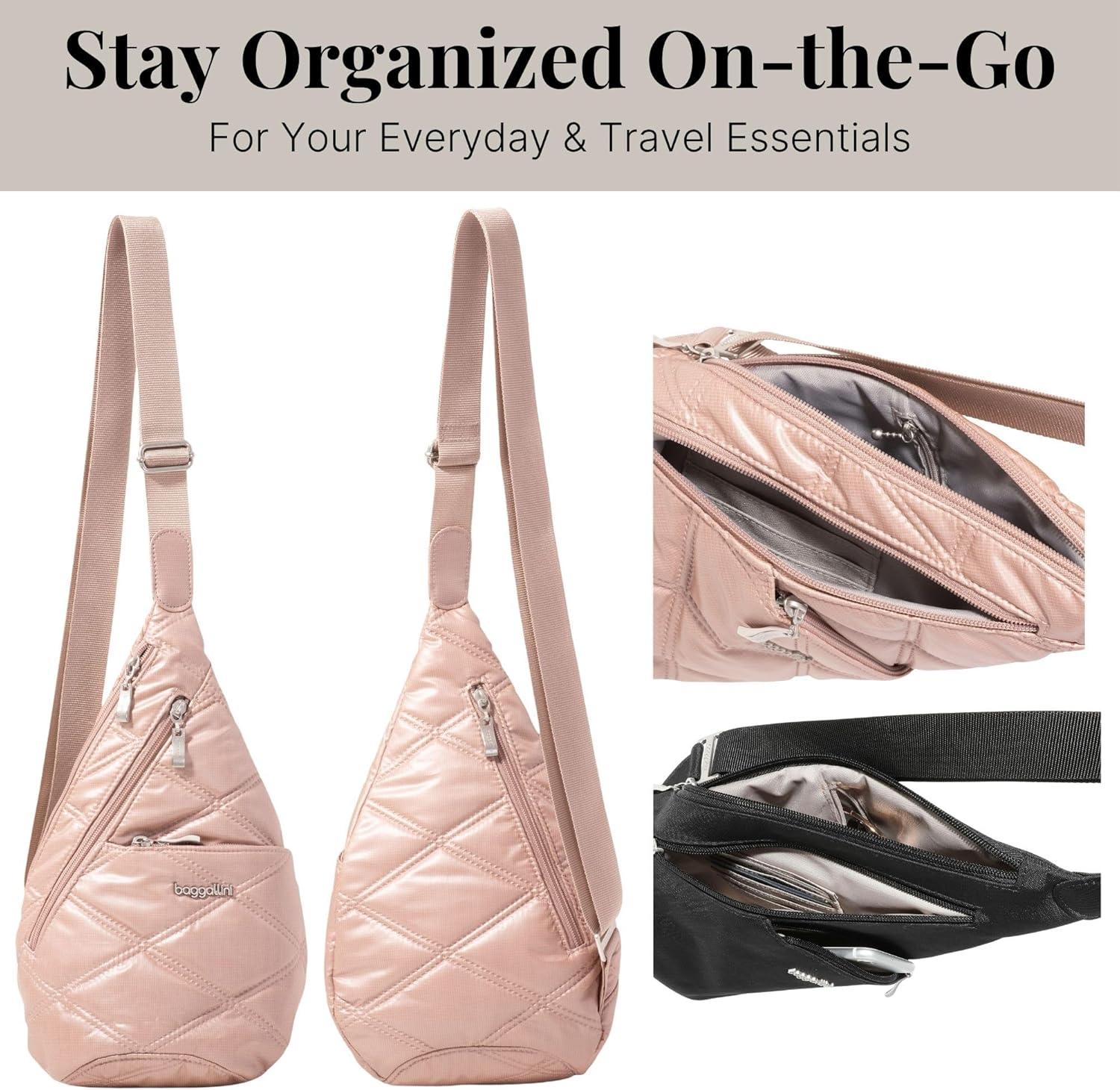 imageBaggallini Mini Sling  12x7 Sling Crossbody Bag Backpack with Adjustable Shoulder StrapRose Metallic Quilt