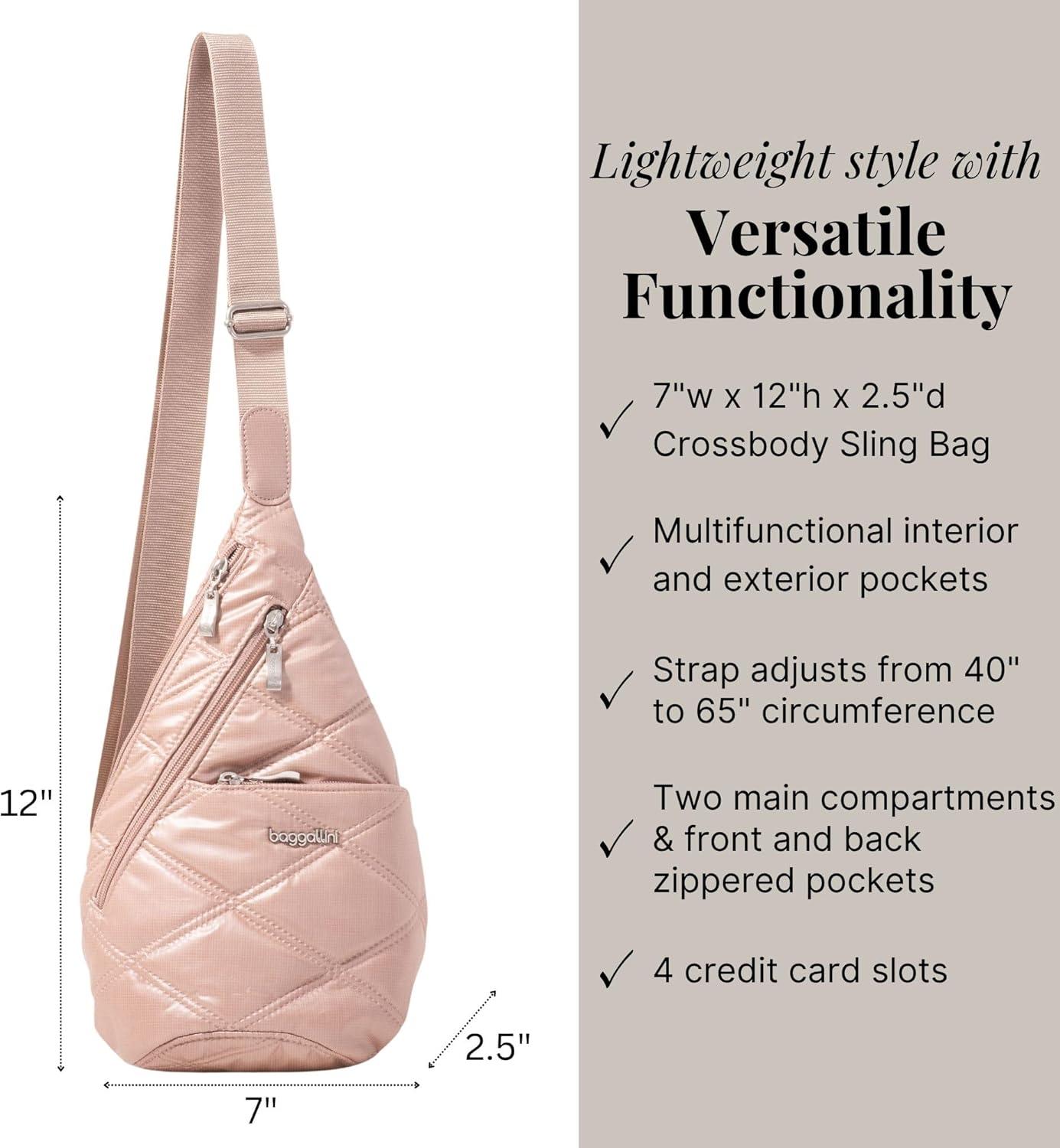 imageBaggallini Mini Sling  12x7 Sling Crossbody Bag Backpack with Adjustable Shoulder StrapRose Metallic Quilt