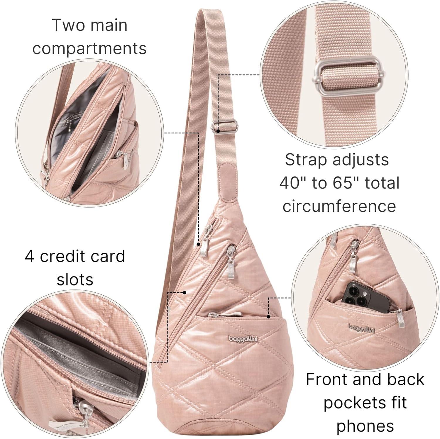 imageBaggallini Mini Sling  12x7 Sling Crossbody Bag Backpack with Adjustable Shoulder StrapRose Metallic Quilt