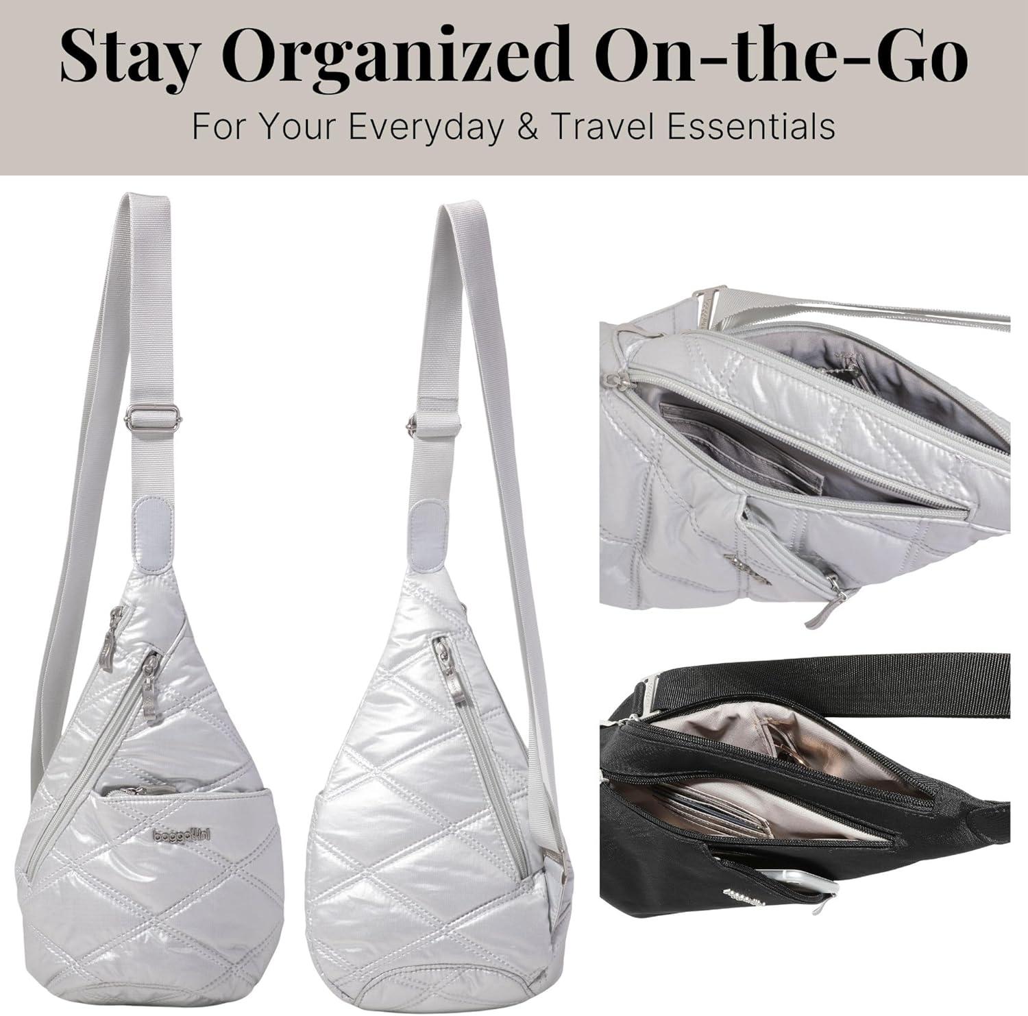 imageBaggallini Mini Sling  12x7 Sling Crossbody Bag Backpack with Adjustable Shoulder StrapSilver Metallic Quilt