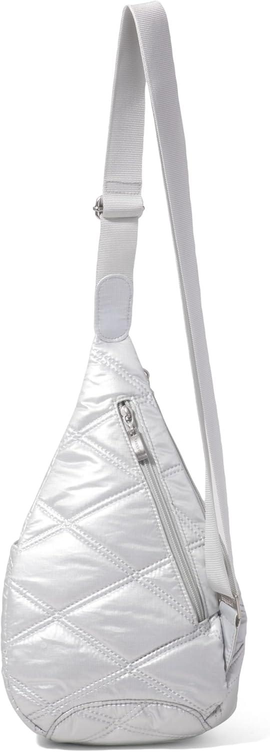 imageBaggallini Mini Sling  12x7 Sling Crossbody Bag Backpack with Adjustable Shoulder StrapSilver Metallic Quilt
