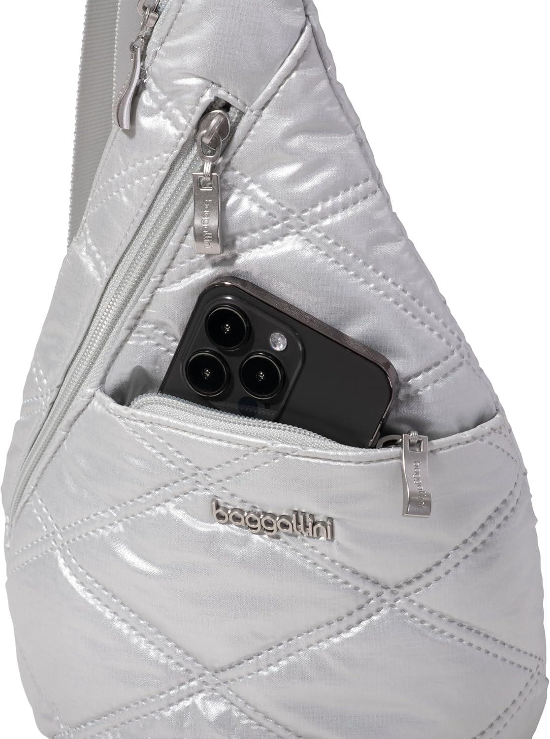 imageBaggallini Mini Sling  12x7 Sling Crossbody Bag Backpack with Adjustable Shoulder StrapSilver Metallic Quilt