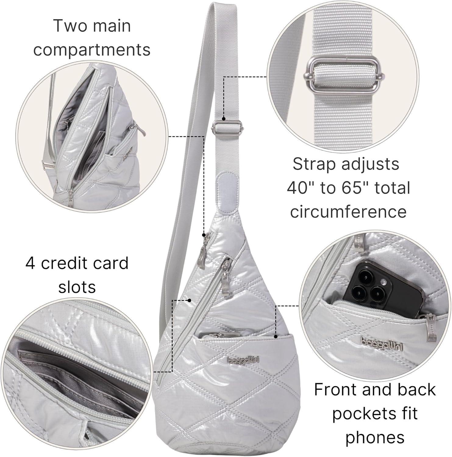 imageBaggallini Mini Sling  12x7 Sling Crossbody Bag Backpack with Adjustable Shoulder StrapSilver Metallic Quilt