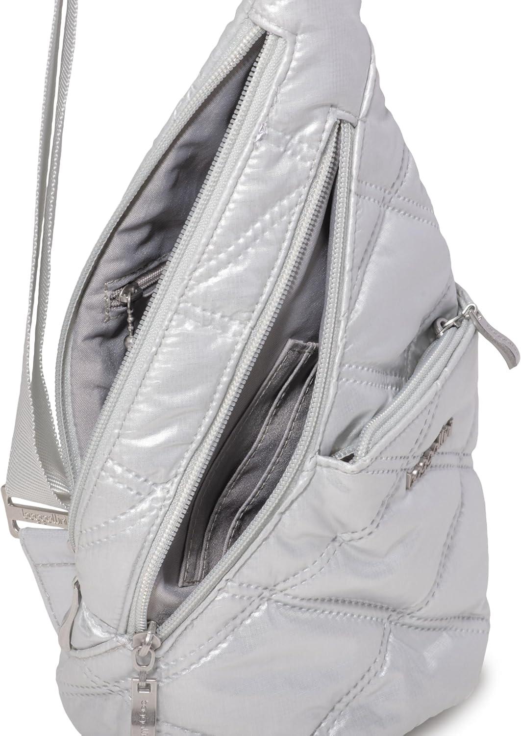 imageBaggallini Mini Sling  12x7 Sling Crossbody Bag Backpack with Adjustable Shoulder StrapSilver Metallic Quilt