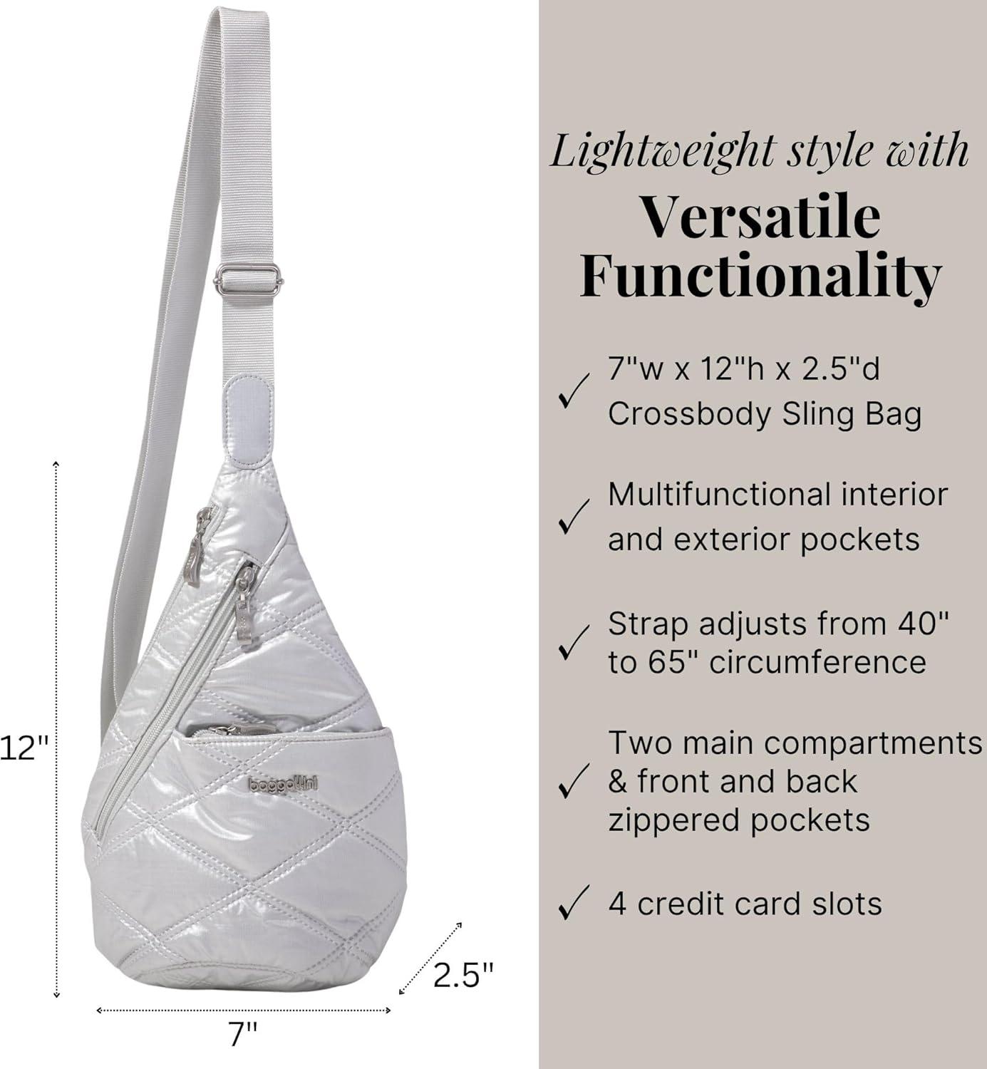 imageBaggallini Mini Sling  12x7 Sling Crossbody Bag Backpack with Adjustable Shoulder StrapSilver Metallic Quilt