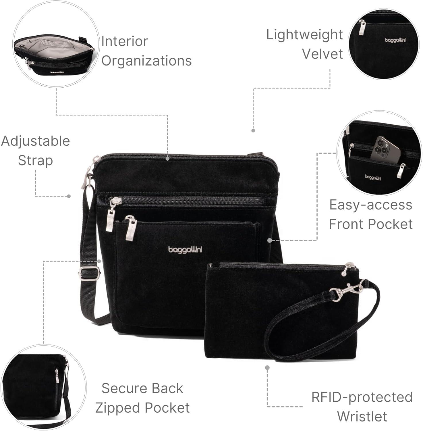 imageBaggallini Pocket Crossbody Bags for Women 8x8 Small Lightweight Durable Waterresistant Travel Purse WRfidBlack Velvet