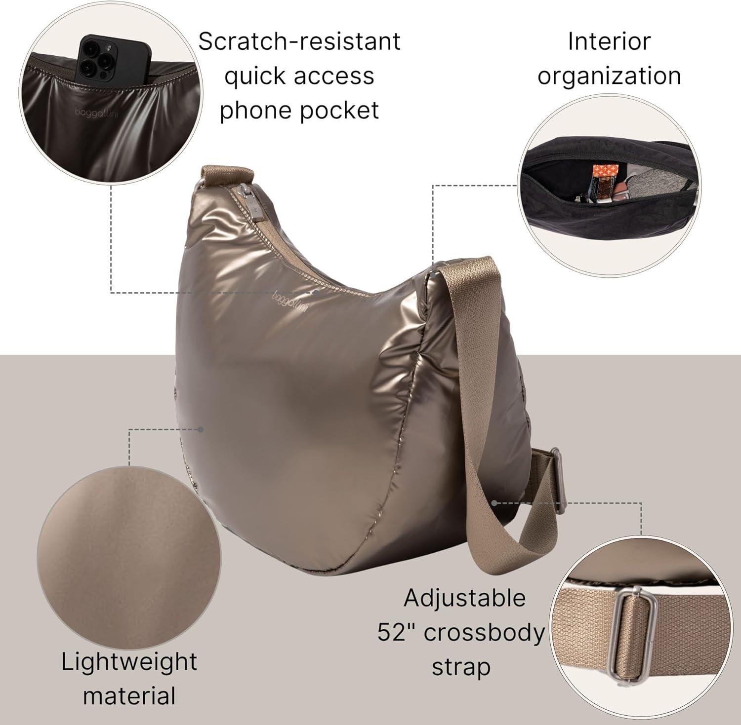 imageBaggallini Swift Crescent Crossbody Bag for Women  Lightweight 12quotx8quot Travel Purse HandbagCopper Metallic